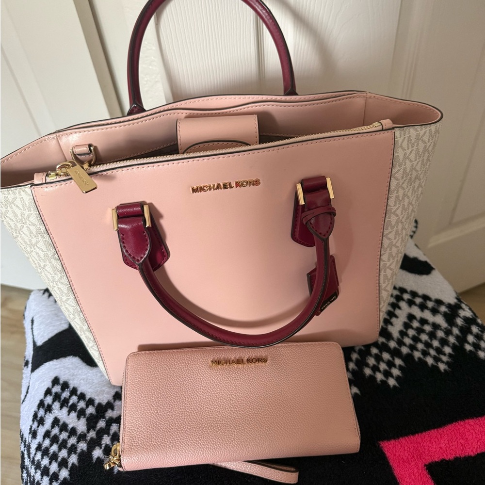 Michael Kors Pink and Cream Satchel with Wallet